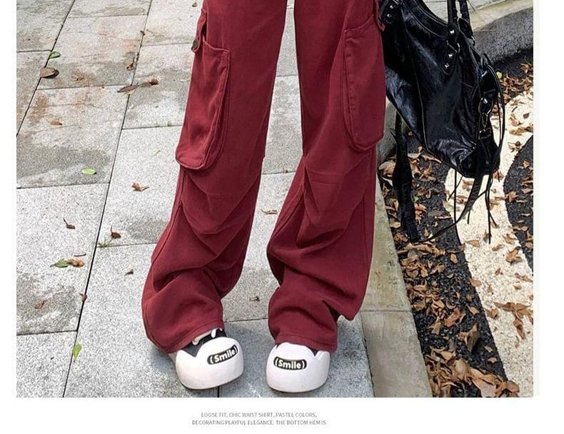 High Rise Plain Wide Leg Cargo Pants Product Image