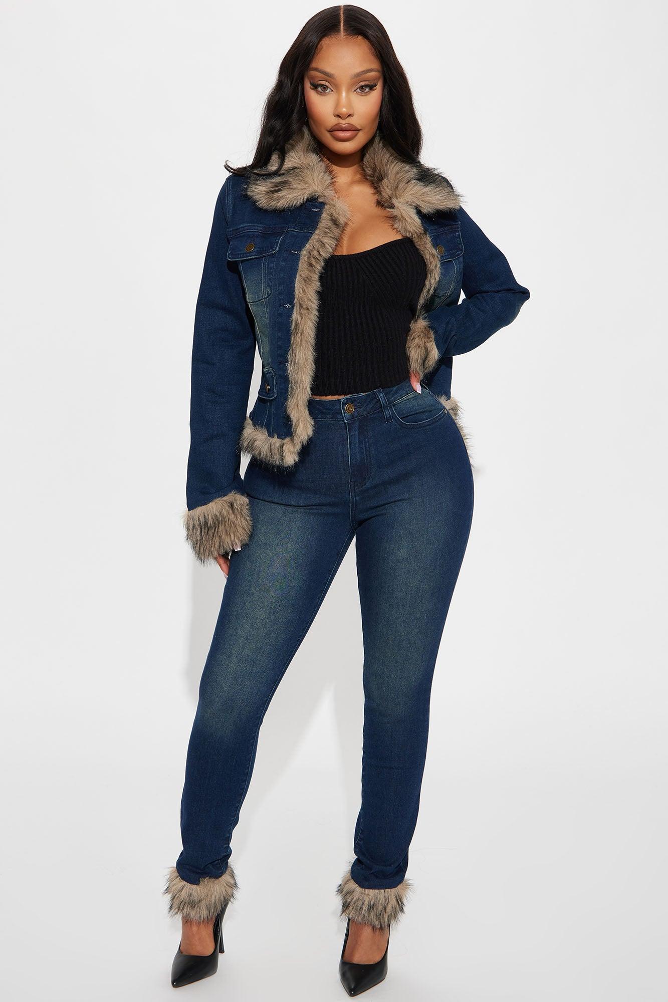 Chantel Faux Fur Trim Skinny Jeans - Dark Wash Product Image