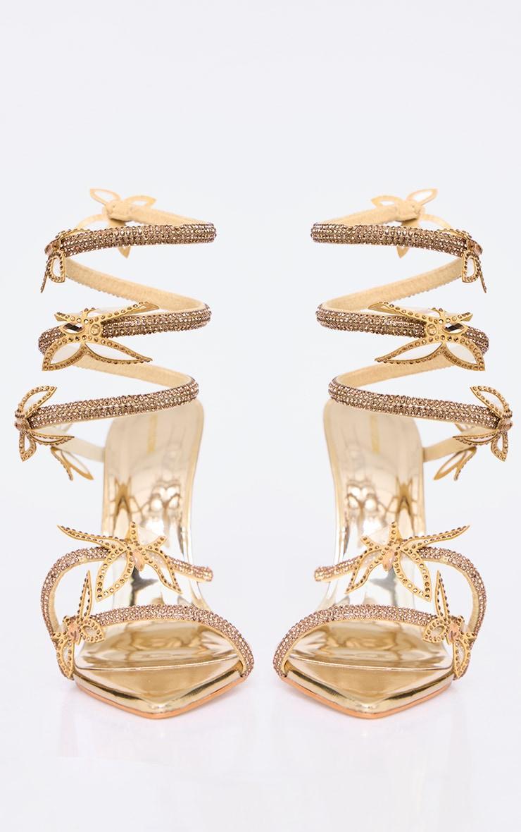 Gold PU Point Toe Diamante Mesh Spiral Heeled Sandals Product Image