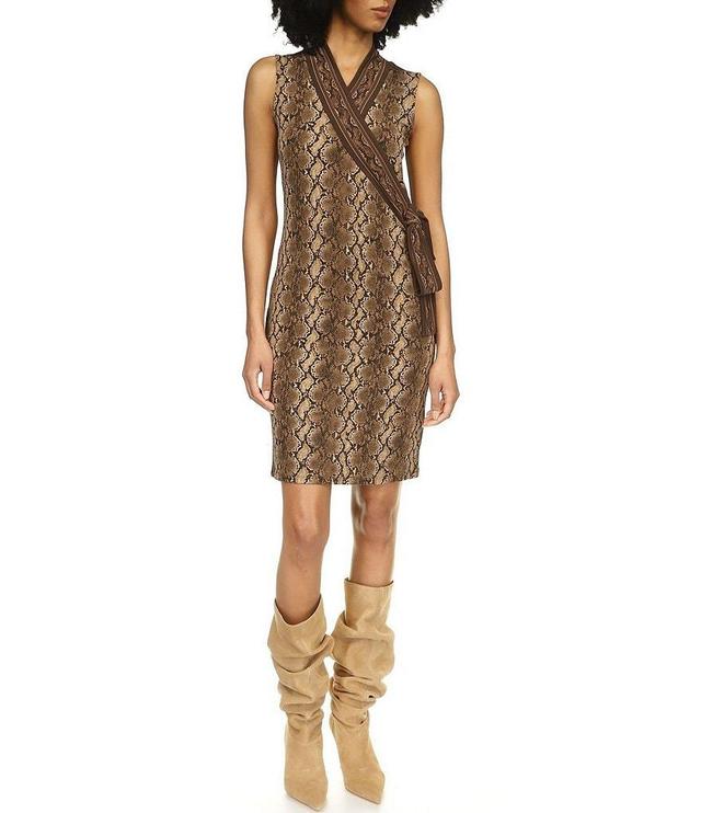 MICHAEL Michael Kors Matte Jersey Snake Print Sleeveless Side Tie Faux Wrap Dress Product Image