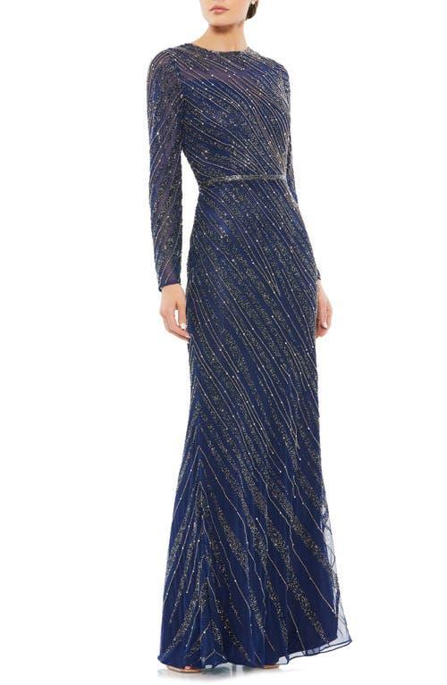 Mac Duggal Beaded Long Sleeve Tulle Column Gown Product Image