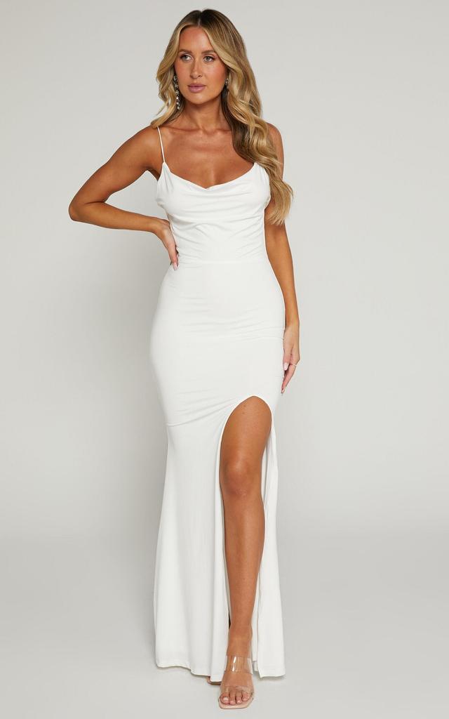 Tasteful Midi Dress - Cowl Neck Bodycon Thigh Split Dress in White Product Image