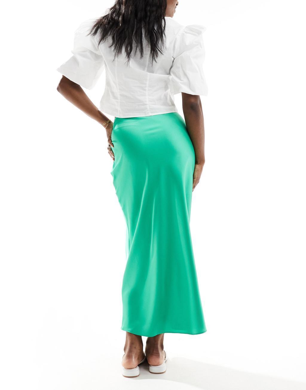 ASOS DESIGN satin bias cut midi skirt in green Product Image