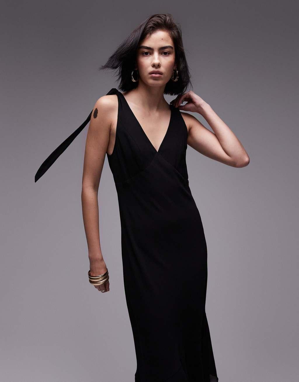 Topshop tie shoulder midi dress in black Product Image