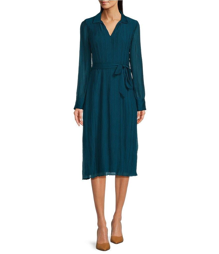 DKNY Woven Wrap Silhouette Polo Collar Tie Belt Ruffle Hemline Midi Dress Product Image