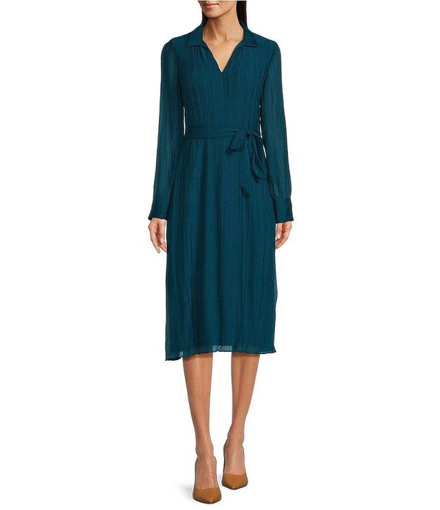 DKNY Woven Wrap Silhouette Polo Collar Tie Belt Ruffle Hemline Midi Dress Product Image