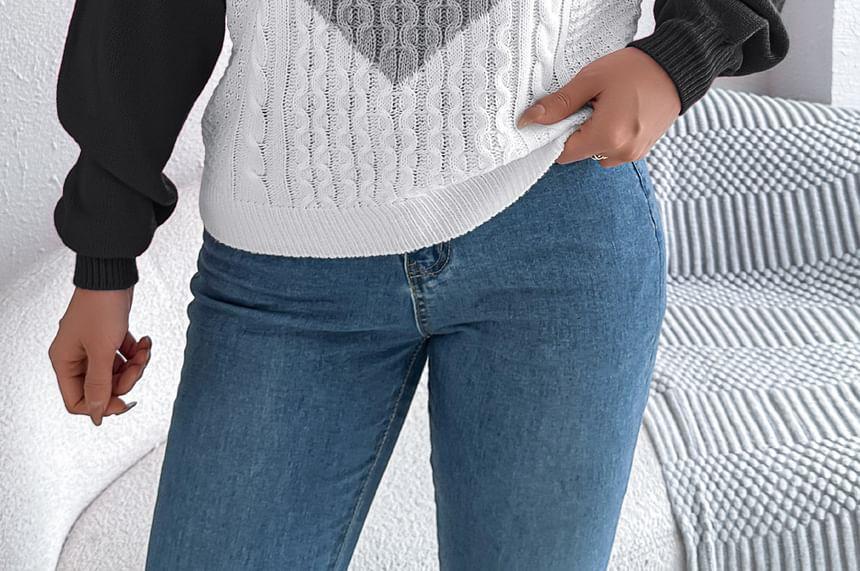 Crew Neck Color Block Cable Knit Sweater Product Image