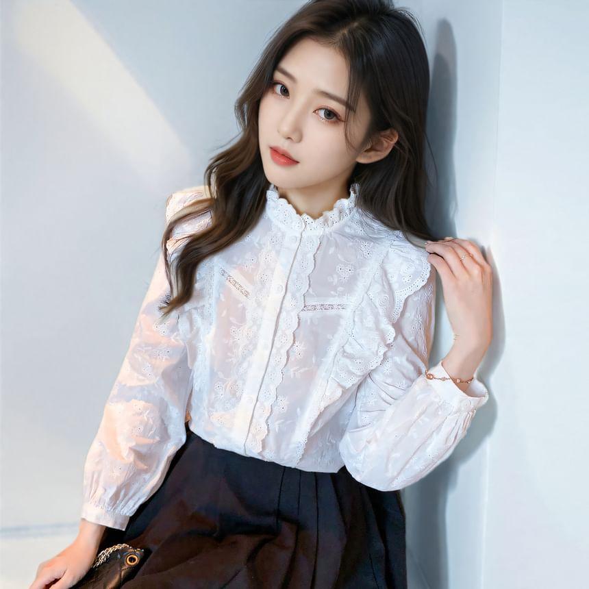 Long-Sleeve Stand Collar Plain Ruffle Trim Embroidered Eyelet Button-Up Blouse Product Image