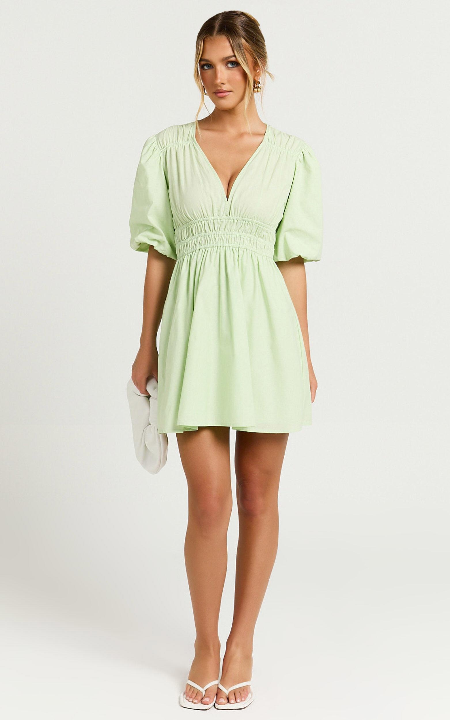 Francesca V Neck Puff Sleeves Mini Dress in Green Product Image