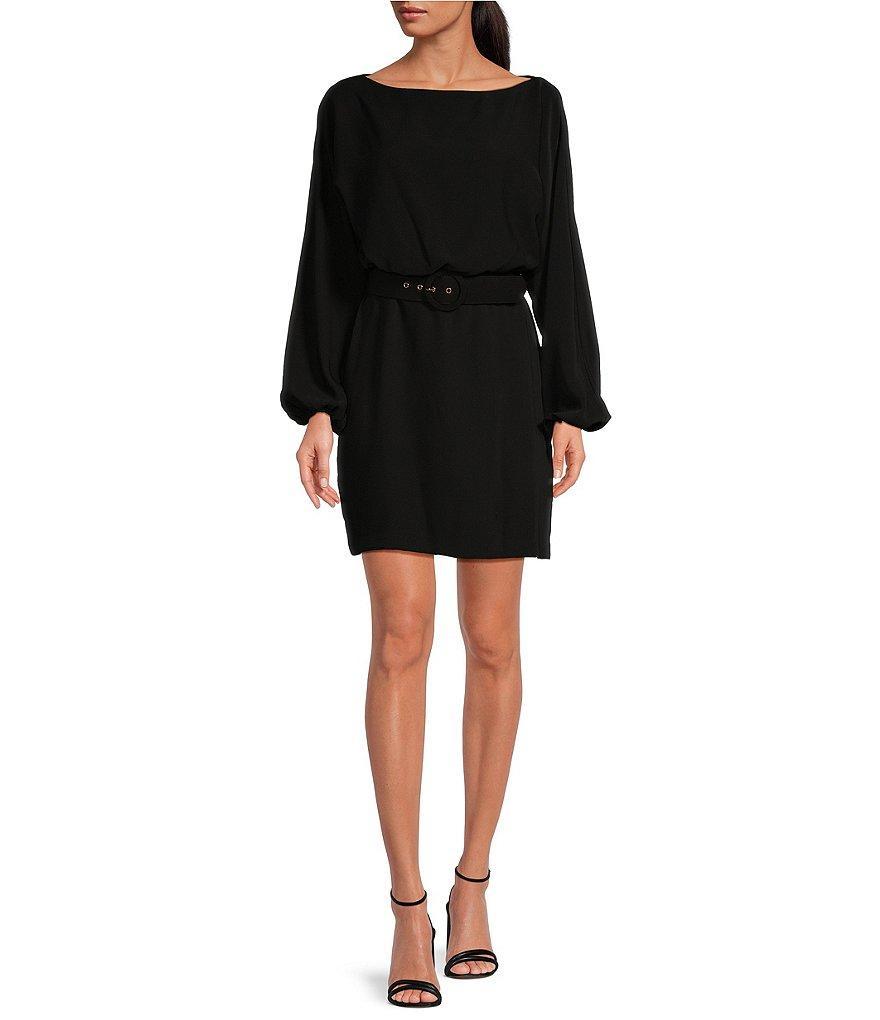 Trina Turk Avory Double Georgette Bateau Neck Blouson Sleeves Belted Sheath Dress Product Image