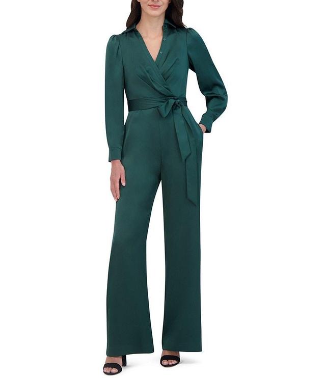 Vince Camuto Satin Point Collar Deep V-Neck Long Blouson Sleeve Button Front Tie at Waist Wrap Wide Leg Jumpsuit Product Image