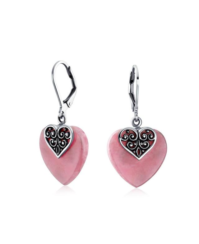 Bling Jewelry Boho Bali Style Scroll Filigree Natural Rhodochrosite Heart Shaped Dangling Earrings For Women Oxidized Sterling Silver Lever back Product Image