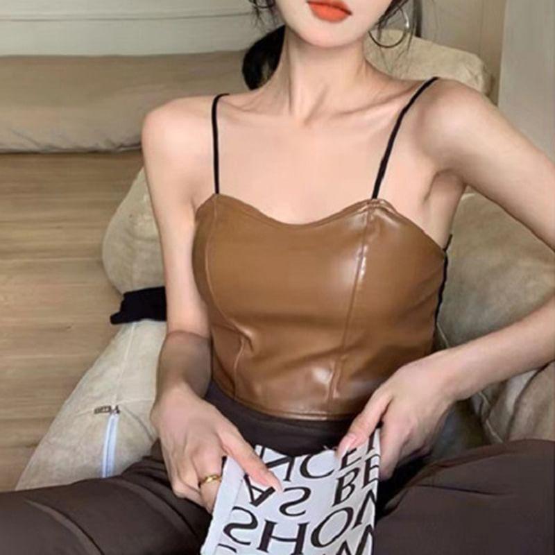 Faux-Leather Skinny Cami Top with Pad Product Image