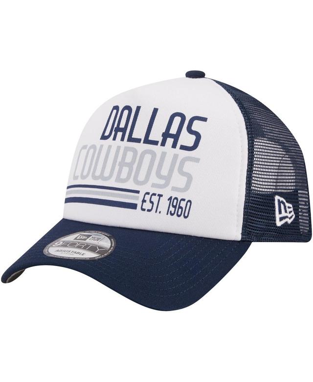 Mens New Era White/Navy Dallas Cowboys Stacked A-Frame Trucker 9FORTY Adjustable Hat Product Image