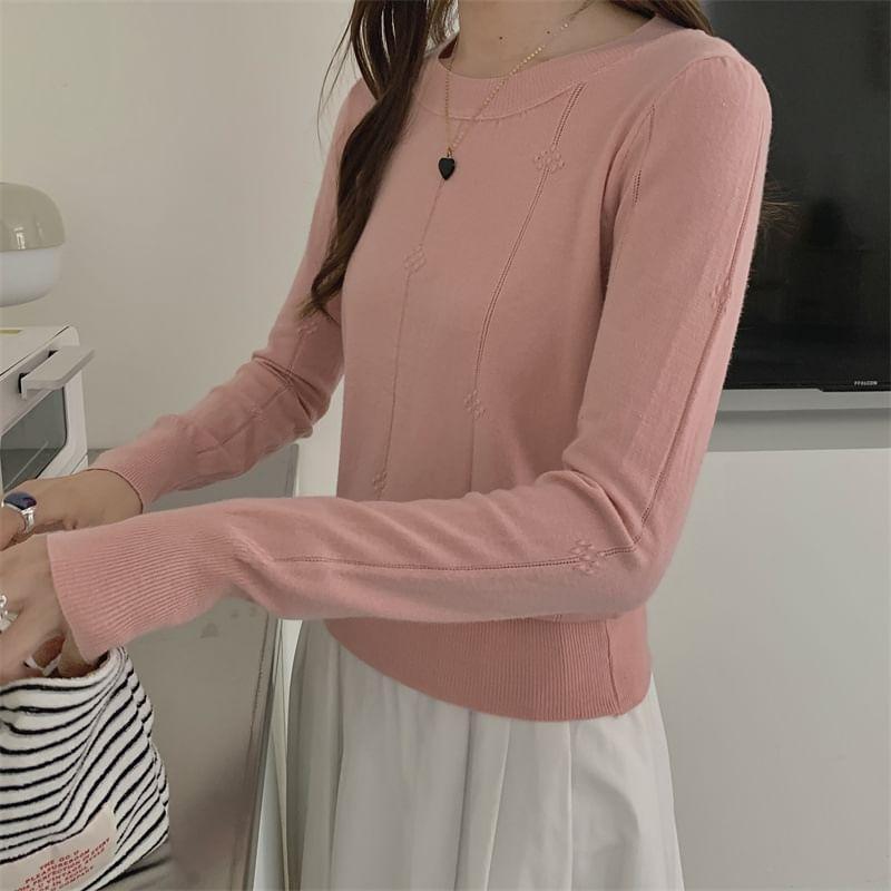 Long-Sleeve Crew Neck Plain Knit Top Product Image