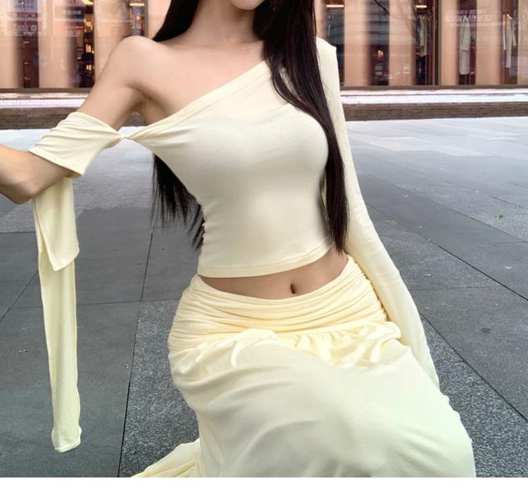 Long-Sleeve One Shoulder Plain Crop Top / Mid Waist Plain Midi A-Line Skirt Product Image