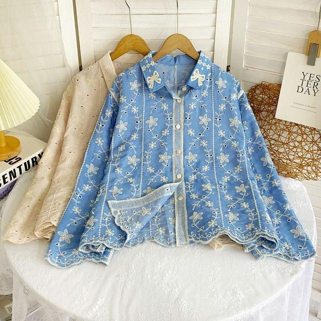 Long-Sleeve Collared Floral Embroidered Eyelet Button-Up Blouse Product Image