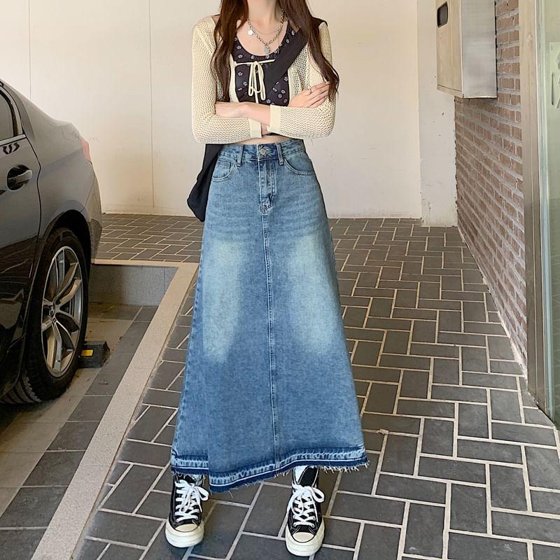 High Rise Washed Denim Maxi Mermaid Skirt Product Image