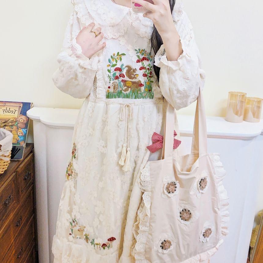 Long-Sleeve Collar Embroidered Lace Midi A-Line Dress Product Image