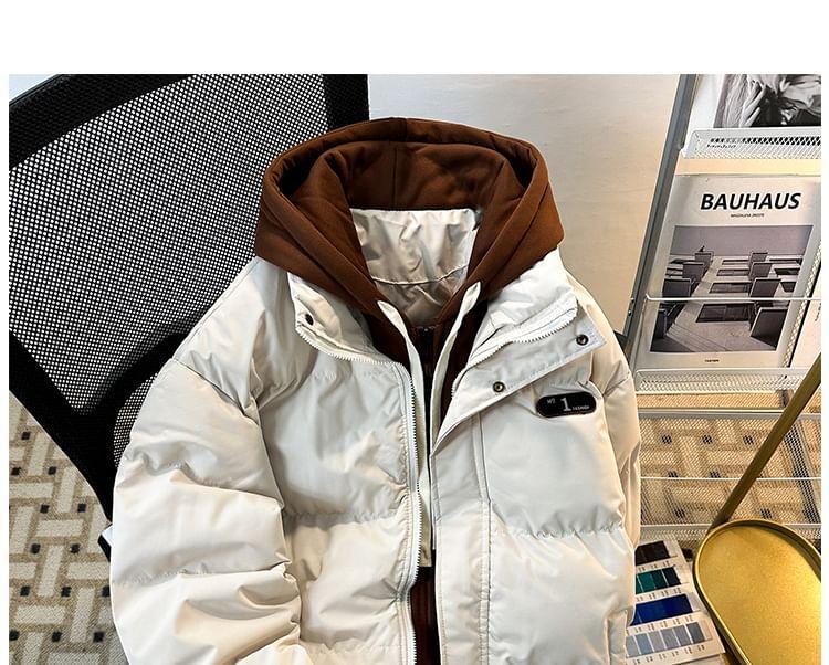 Letter Embroidered Hooded Mock Two-Piece Zip Puffer Coat Product Image