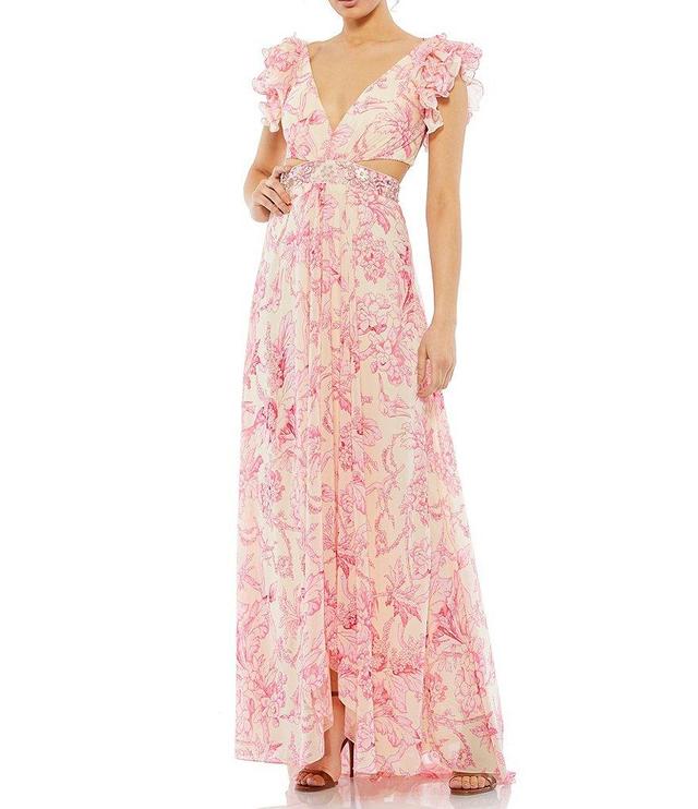 Mac Duggal Floral Print V-Neck Ruffled Strap Lace Up Back A-Line Gown Product Image