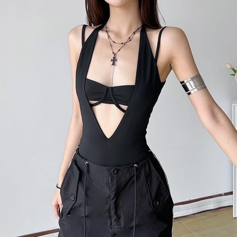 Set: Plain Cutout Bra Top + Halter V-Neck Plunge Open Back Bodysuit Top Product Image