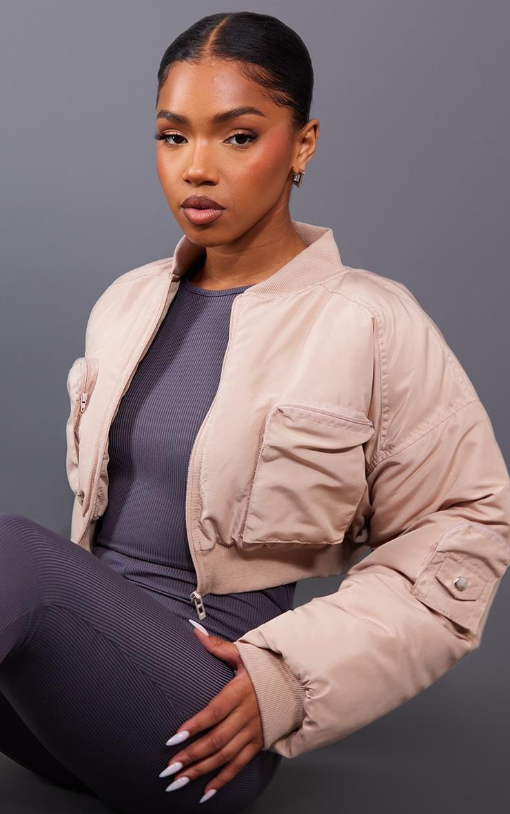 Beige Cropped Ruched Sleeve Utility Pocket Bomber Jacket Product Image