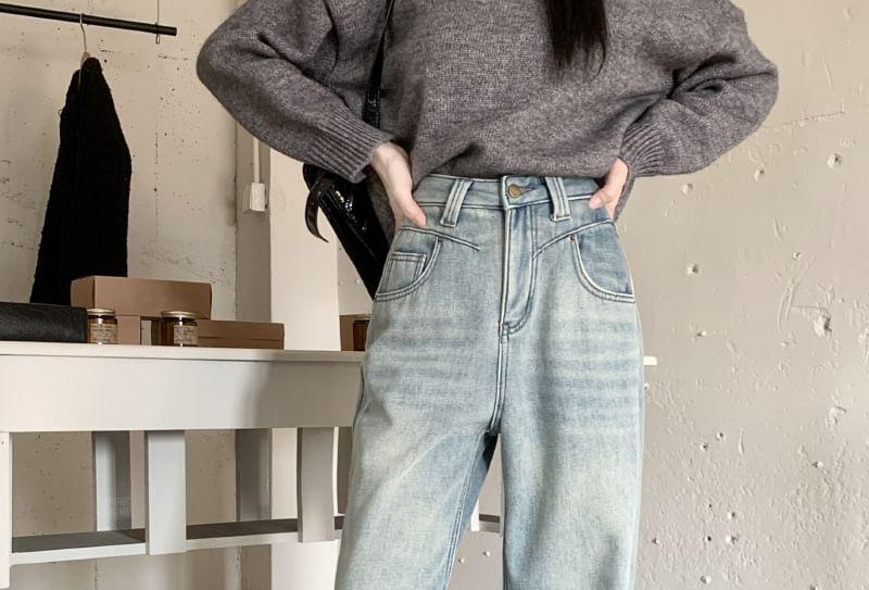 High Waist Fleece-Lined Washed Wide Leg Jeans Product Image