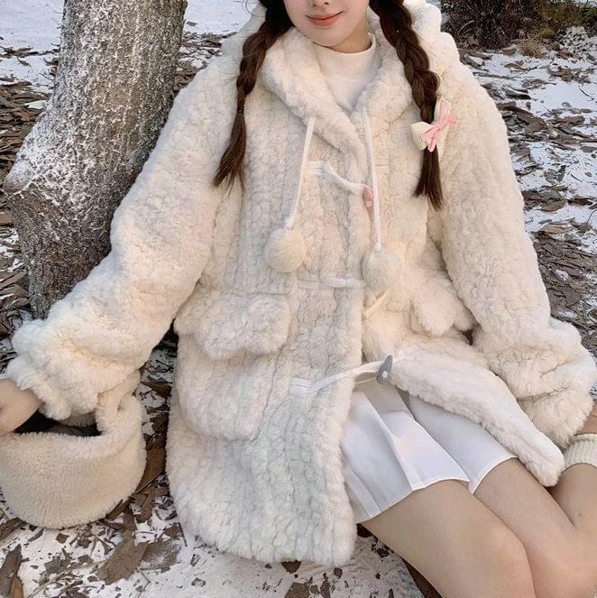 Plain Pom Pom Fluffy Hooded Toggle Coat Product Image