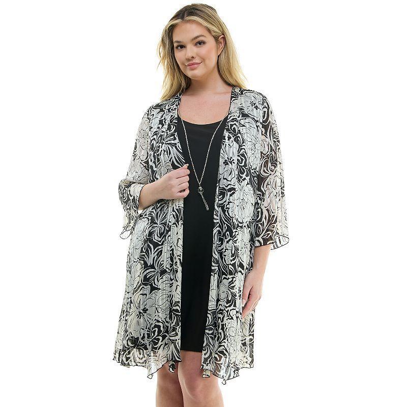 Plus Size Luxology 2-Piece 3/4 Bell Sleeve Cardigan & Drop Collar Dress Set, Womens Product Image