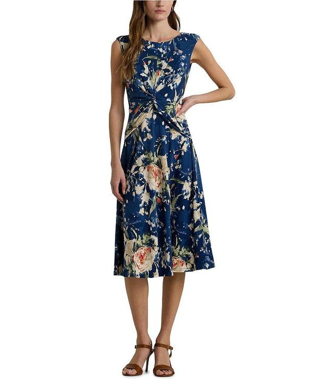 Lauren Ralph Lauren Jersey Floral Print Boat Neck Cap Sleeve Twist Front Dress Product Image