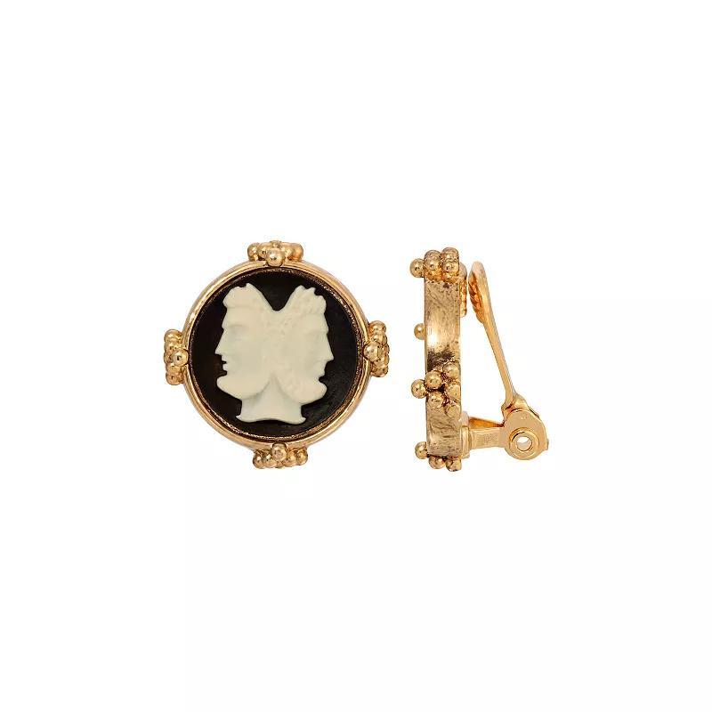 1928 Gold Tone Janus Cameo Stud Clip-On Earrings, Womens, Black Product Image