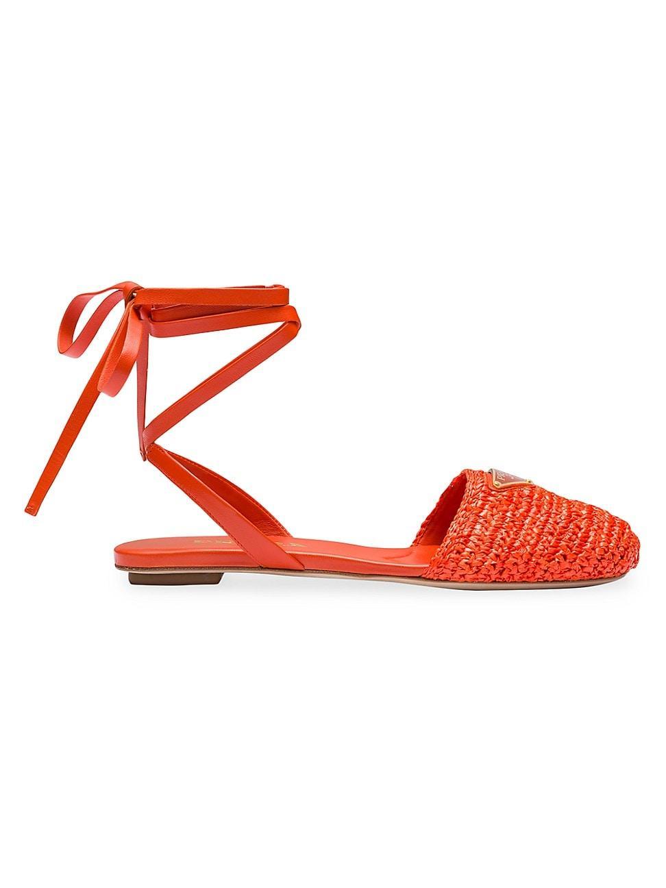 Triangle Logo Raffia Ankle-Wrap Flats Product Image