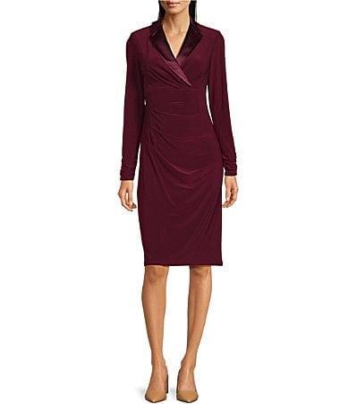 Adrianna Papell Long Sleeve Jersey Satin Tuxedo Dress Product Image