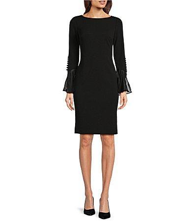 Calvin Klein Chiffon Long Sheer Bell Sleeve Round Neck Sheath Dress Product Image