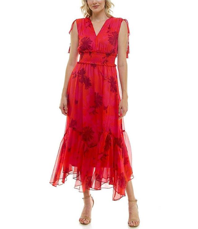 Taylor Textured Chiffon Floral Print V-Neck Sleeveless Smocked Self Tie Tassel Dress Product Image