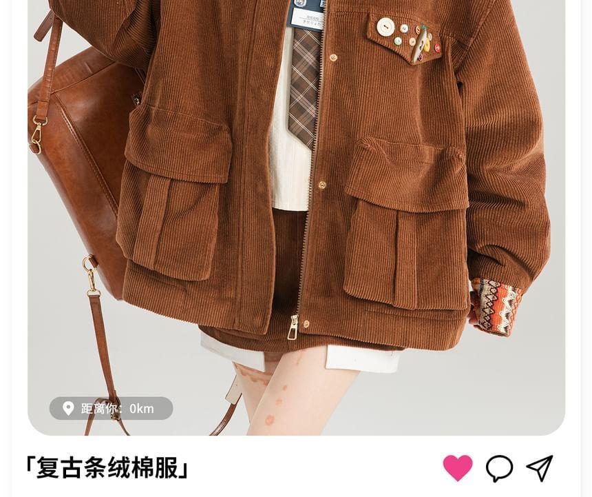 Lapel Collar Patterned Corduroy Patchwork Zip Jacket Product Image