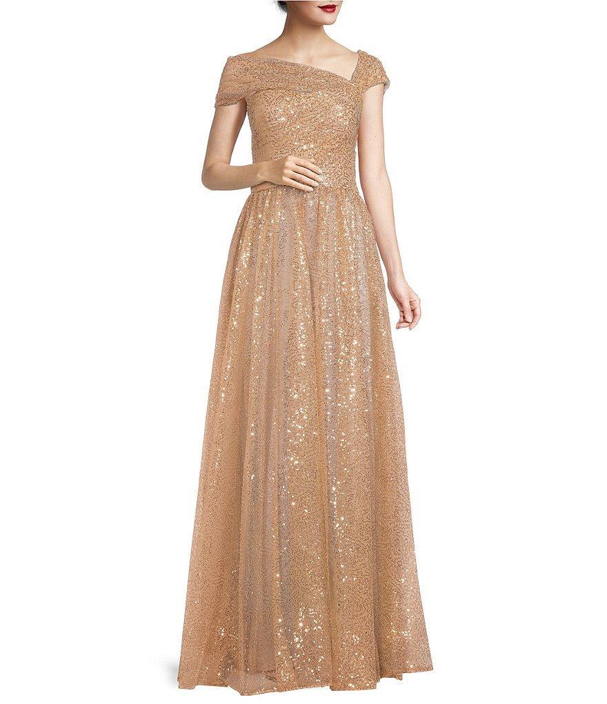 Terani Couture Sequin Asymmetrical Neck Cap Sleeve Ball Gown product image