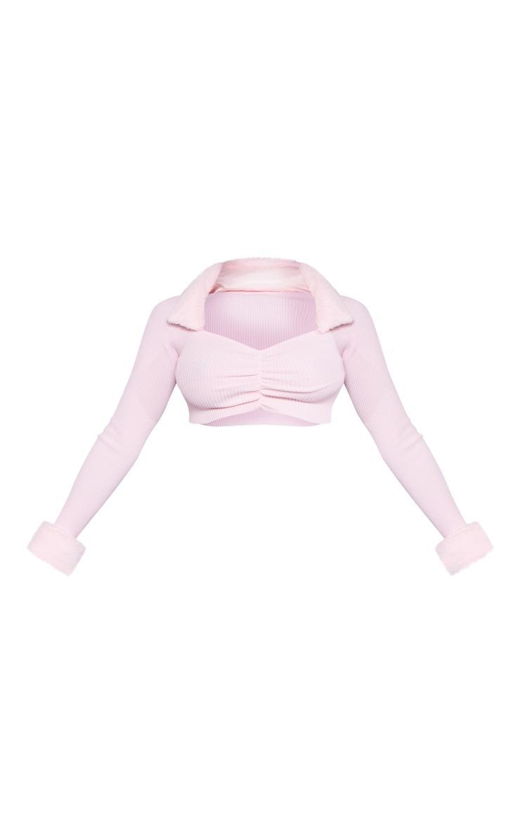 Pink Rib Knit Faux Fur Trim Ruched Front Crop Top Product Image