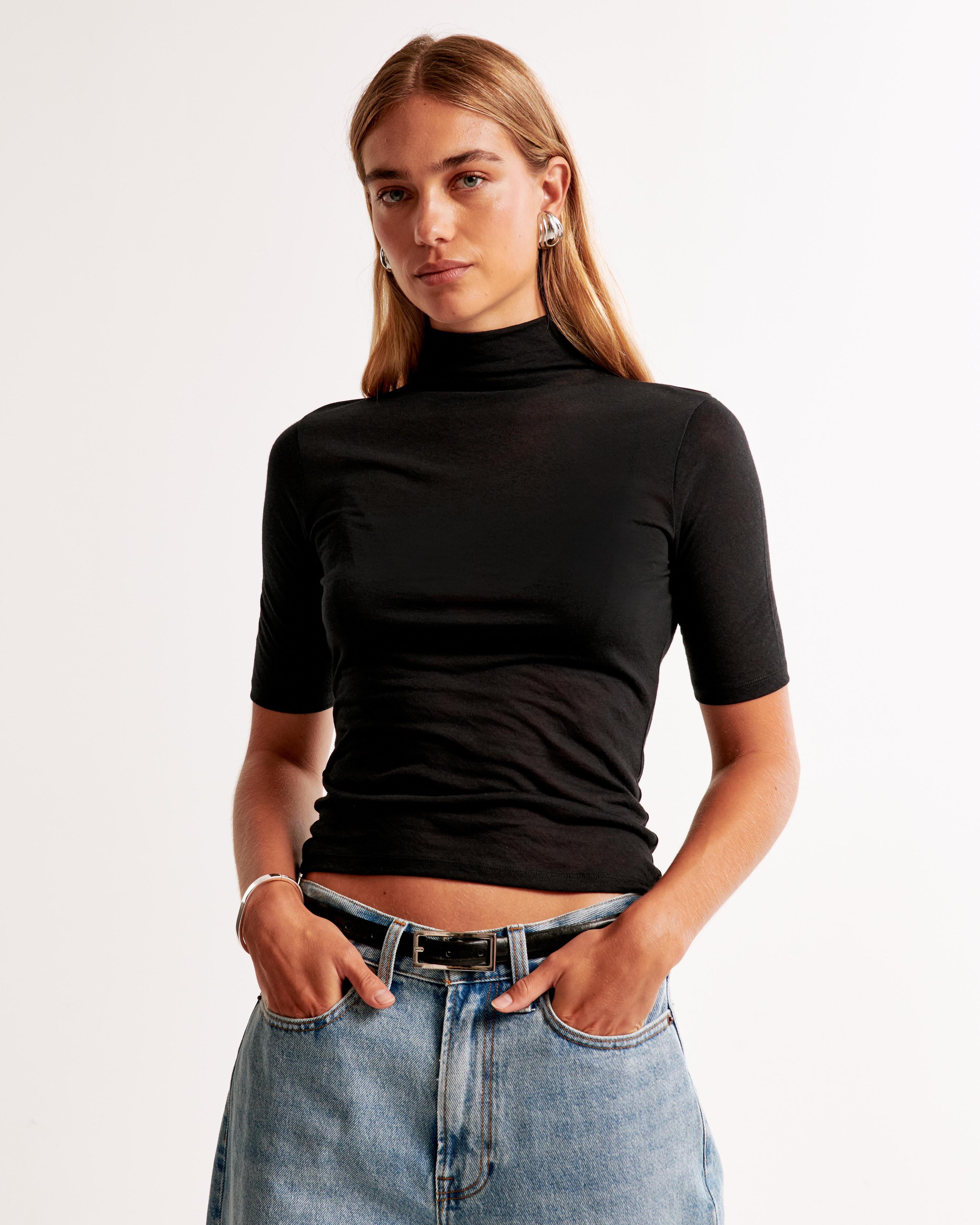 Half-Sleeve Sheer Jersey Mockneck Top Product Image