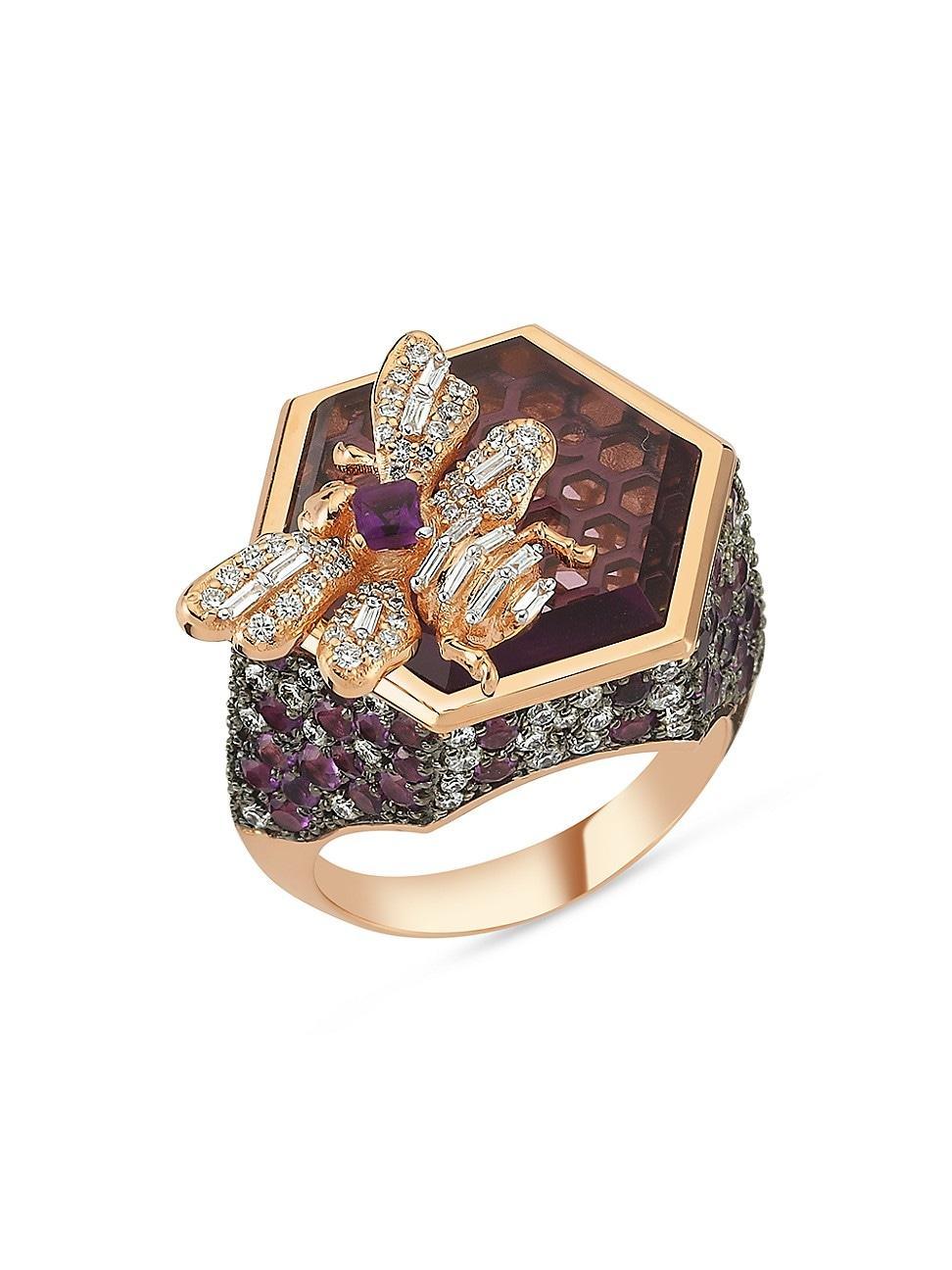 Womens Honey Bee 14K Rose Gold, Diamond & Amethyst Ring Product Image