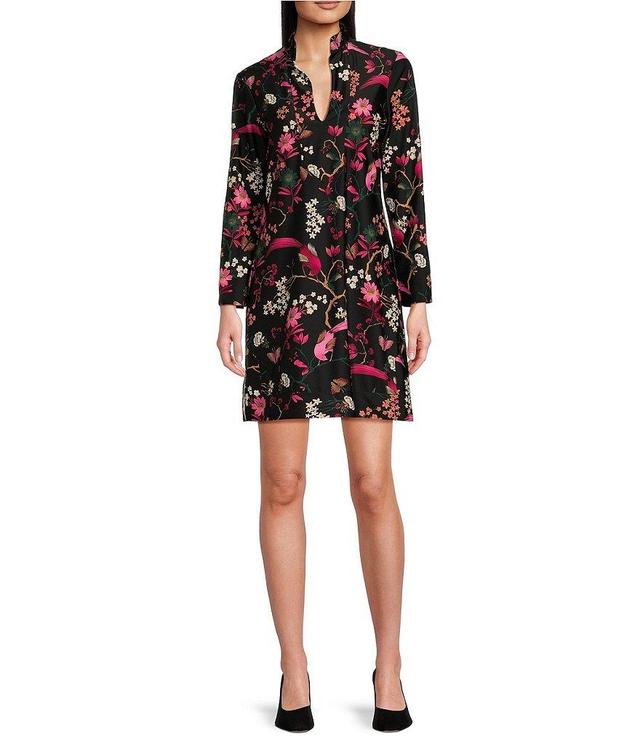 Jude Connally Kate Stretch Knit Floral Print Mandarin Collar Split V-Neck 3/4 Sleeve Shift Dress Product Image