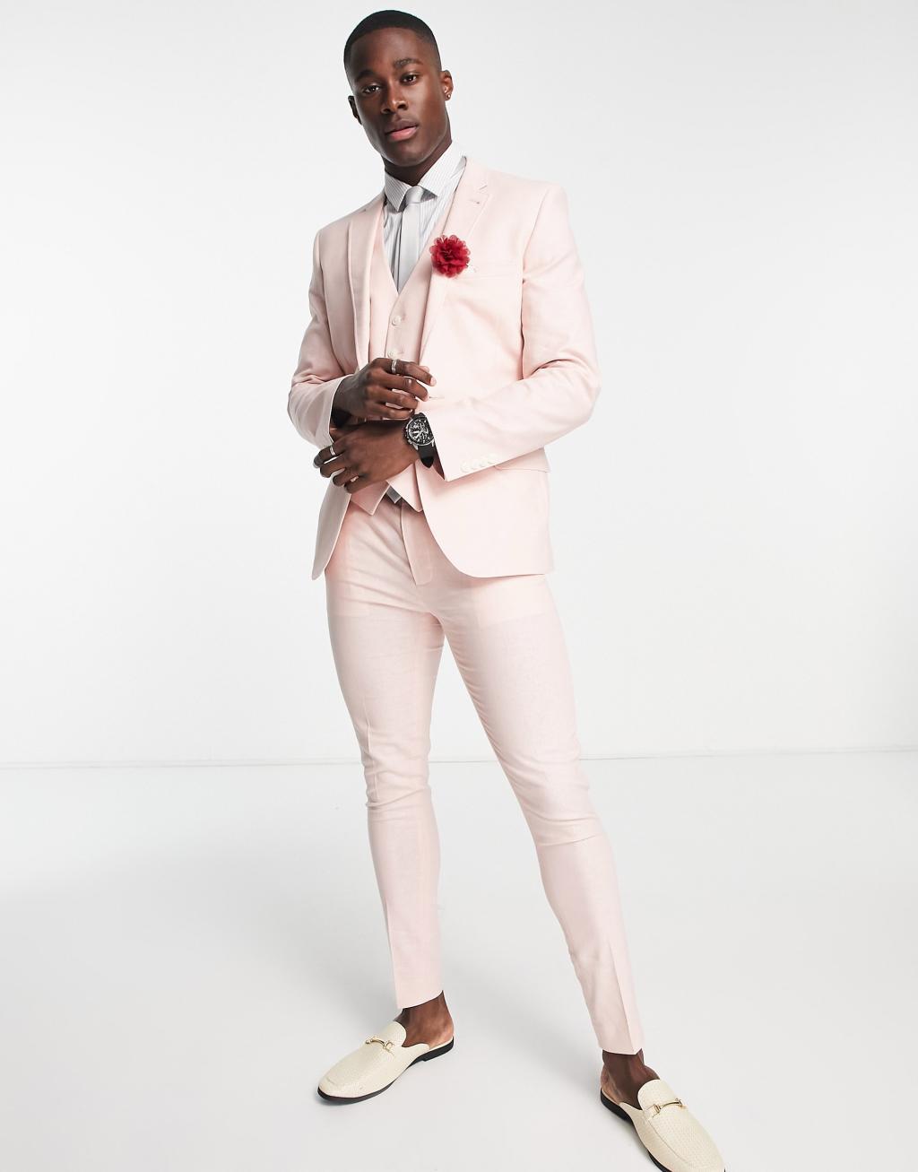 ASOS DESIGN super skinny linen mix suit jacket in pink Product Image