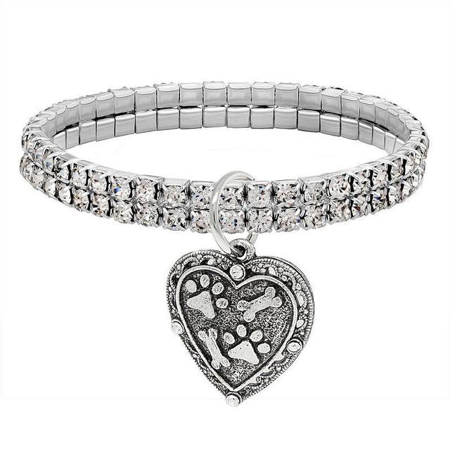 1928 Two Row Crystal Paw And Bones Heart Charm Stretch Bracelet, Womens, Silver Tone Product Image