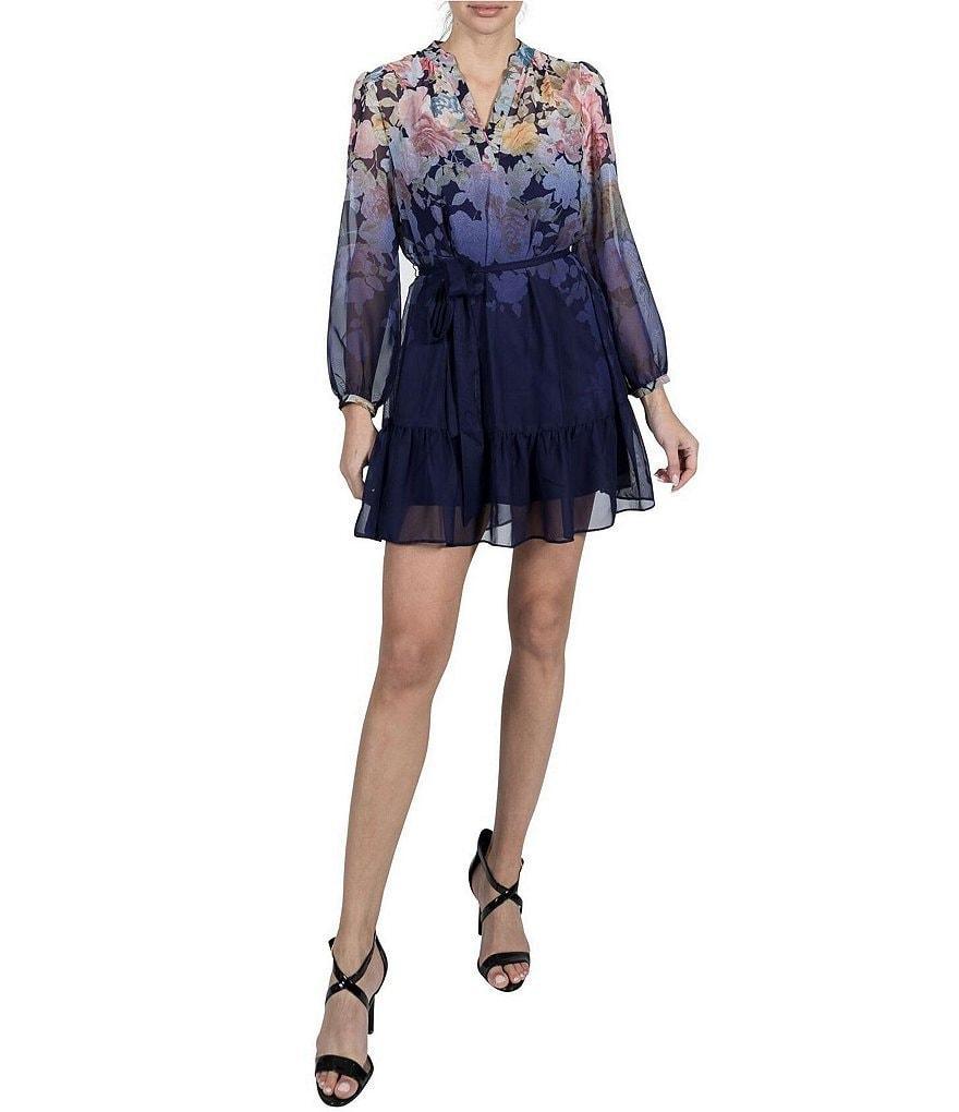 Julia Jordan Fading Floral Chiffon V-Neckline Long Sheer Sleeves Tie Waist Mini Dress Product Image