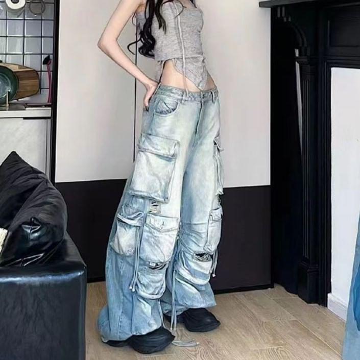 Low Waist Washed Ripped Wide Leg Cargo Jeans Product Image