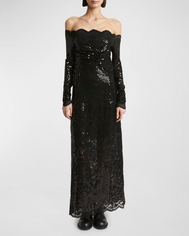 Sequined Lace Off-The-Shoulder Long-Sleeve Maxi Dress Product Image