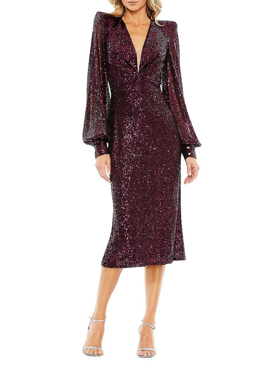 Mac Duggal Sequin Puff Sleeve Midi Dress Product Image