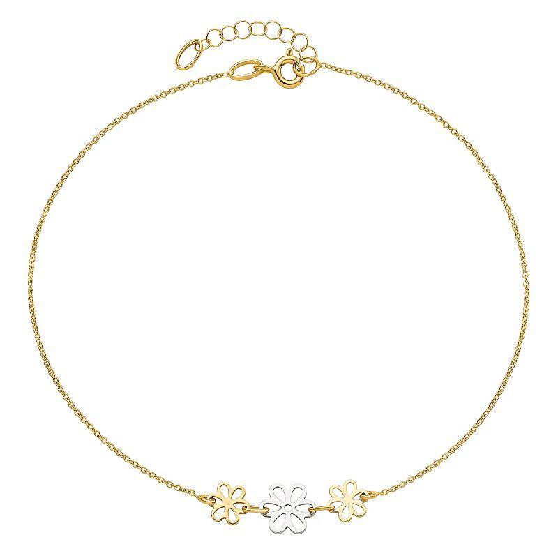 14k Gold Two-Tone Three Flower Anklet, Womens 14k Two Tone Product Image