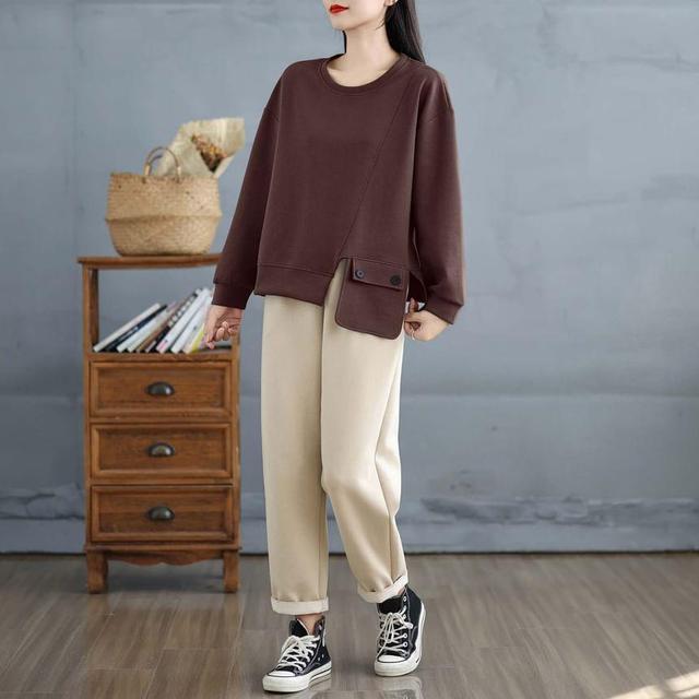 Crew Neck Plain Asymmetrical Slit Pullover Product Image